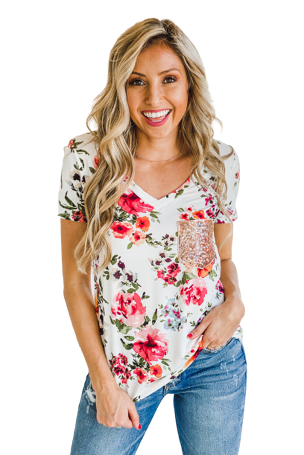 Camiseta floral con cuello en V y bolsillo de lentejuelas