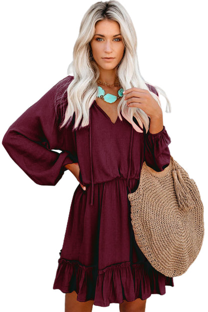 Khaki Bubble Sleeve Split Neck Ruffle Tunic Dress