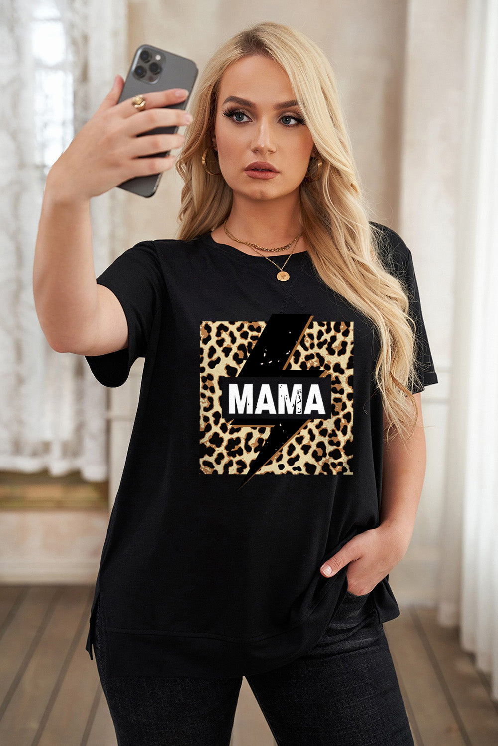 T-shirt ras du cou grande taille à imprimé léopard et éclairs