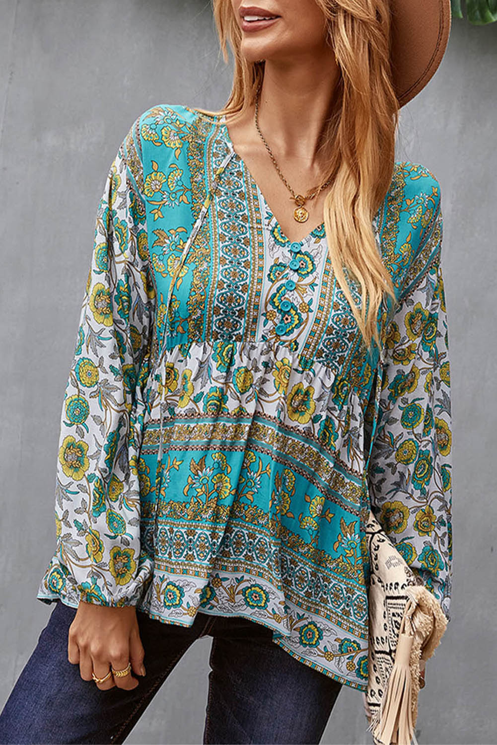 Floral Print Loose Drawstring V Neck Blouse