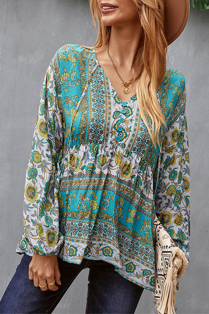 Floral Print Loose Drawstring V Neck Blouse