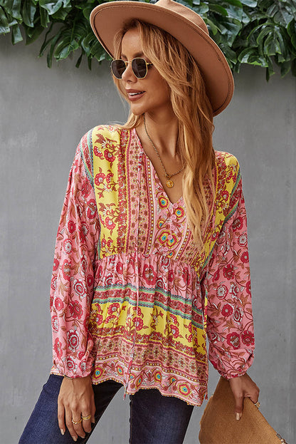 Floral Print Loose Drawstring V Neck Blouse