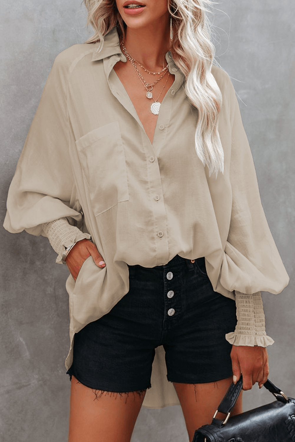 Billowy Sleeves Pocketed Shirt - HannaBanna Clothing