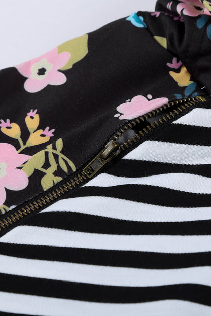 Sudadera con capucha y cremallera de manga larga con estampado floral a rayas