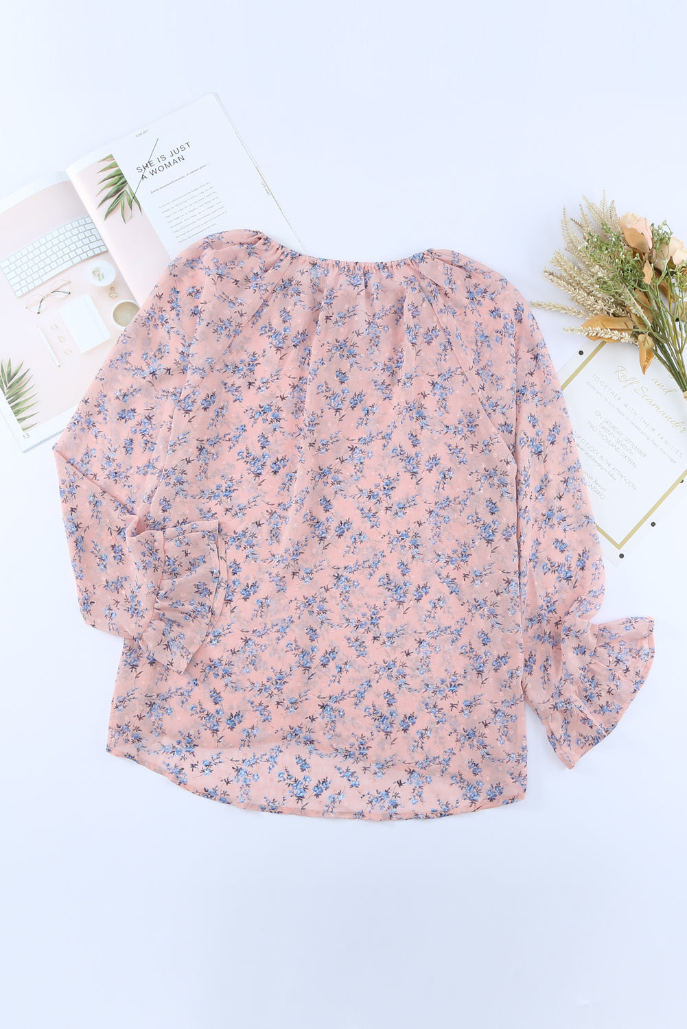 Floral Print Drawstring Long Bell Sleeve Blouse