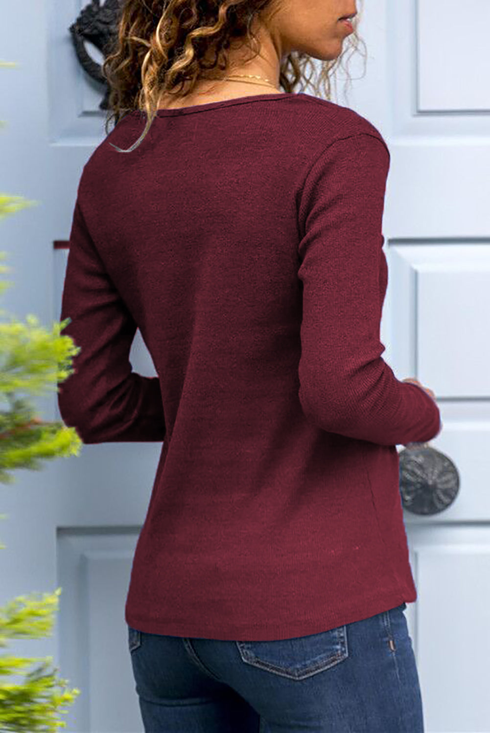 V-neck Button Solid Color Long Sleeve Top