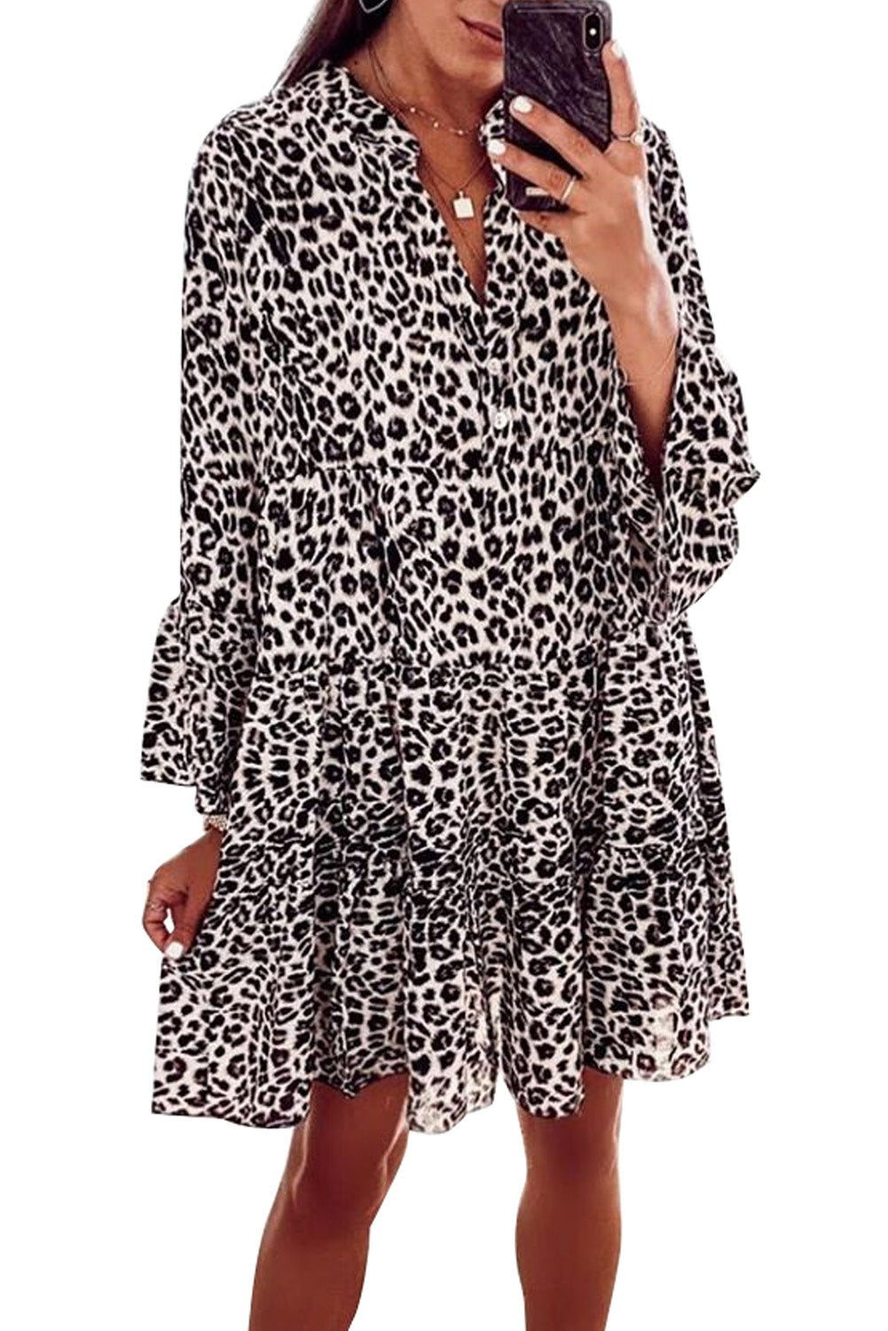 Print V neck Ruffle Swing Mini Dress