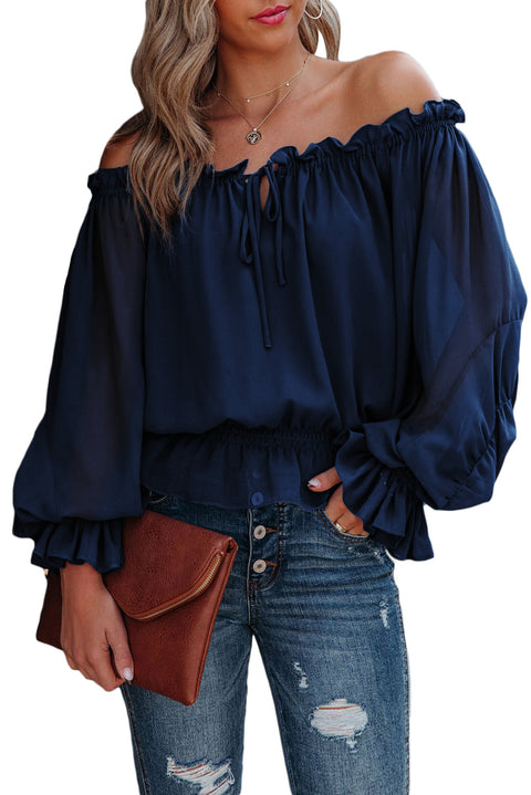 Navy Off Shoulder Ruffled Puff Sleeve Blouse