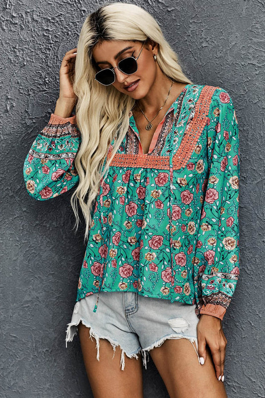 V Cut Neck Floral Lantern Sleeve Blouse