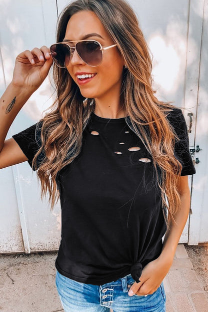 Camiseta mixta de algodón con cuello redondo y agujeros