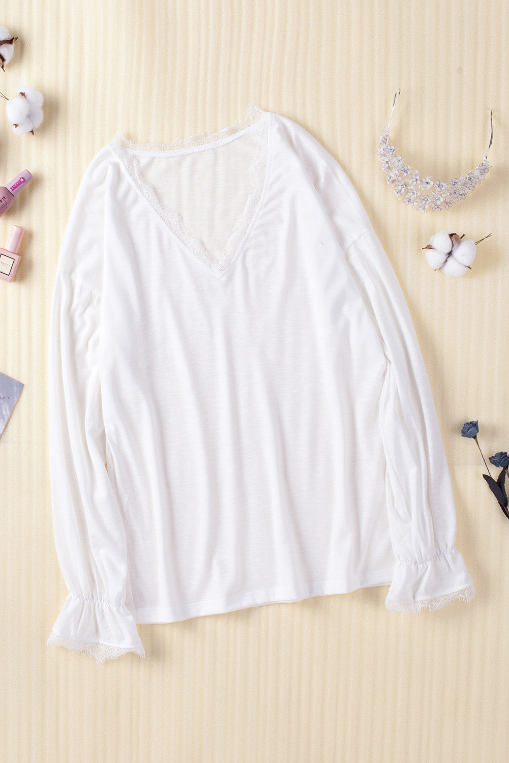 Solid Color Lace V Neck Long Sleeve Top