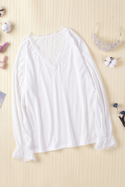 Solid Color Lace V Neck Long Sleeve Top