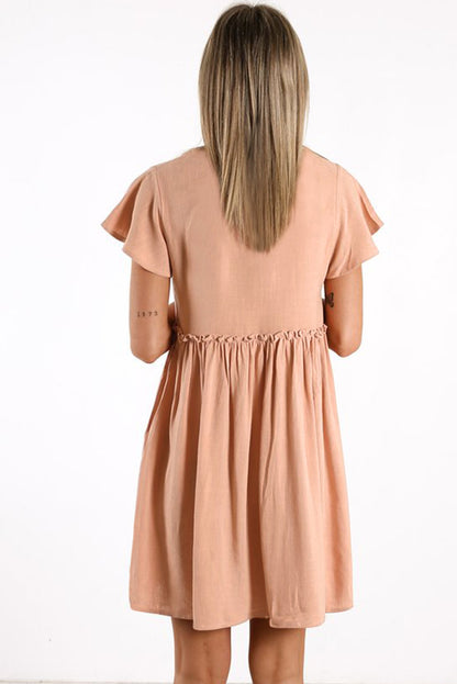 V Neck Buttoned Empire Waist Babydoll Mini Dress