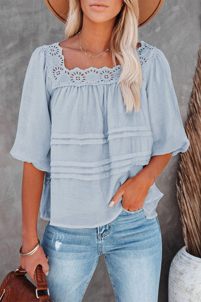 Beige Puff Sleeve Eyelet Babydoll Blouse - HannaBanna Clothing