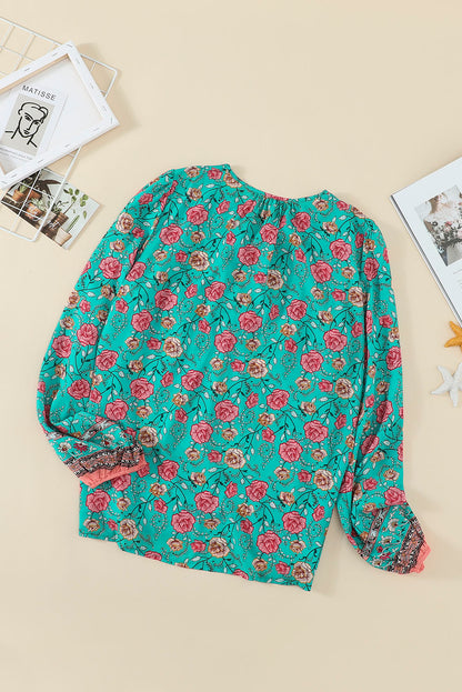 Chemisier fleuri à col en V et manches lanternes