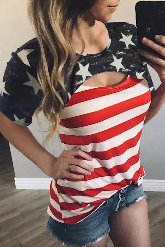Contrast American Flag Cutout T-Shirt