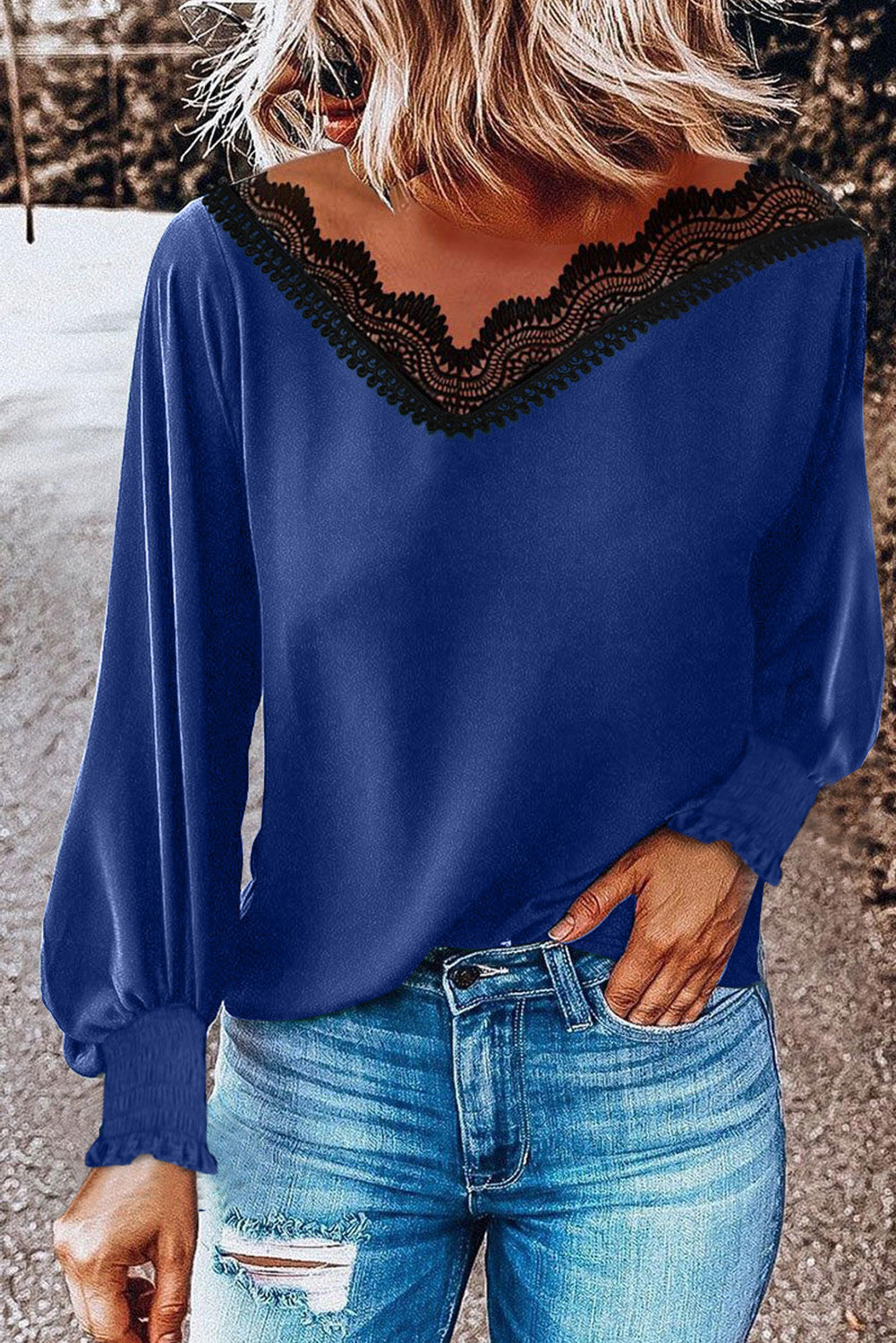 V Neck Lace Patchwork Red Blouse