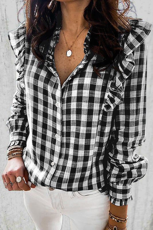 Camisa abotonada con volantes y estampado a cuadros