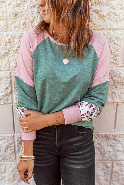 Round Neck Leopard Color Block Long Sleeve Top