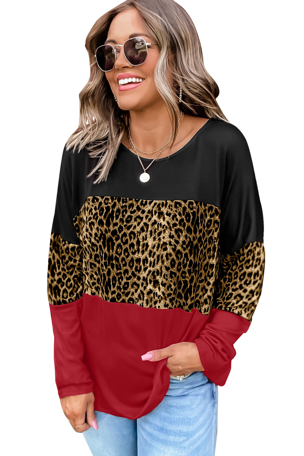 Colorblock Leopard Patchwork Long Sleeve Top