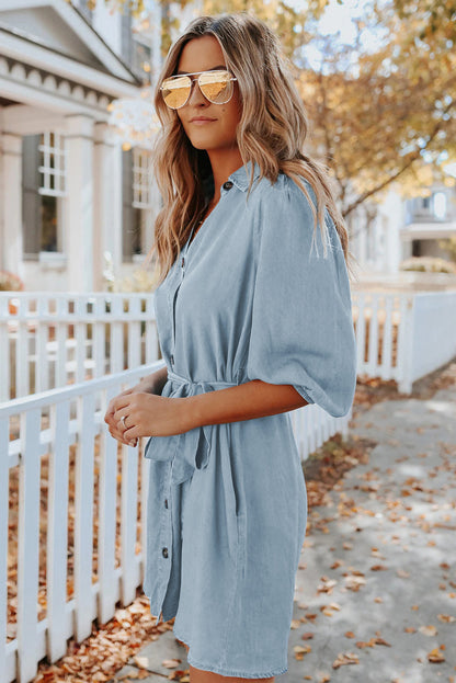 Buttoned Tie Waist Denim Shirt Mini Dress