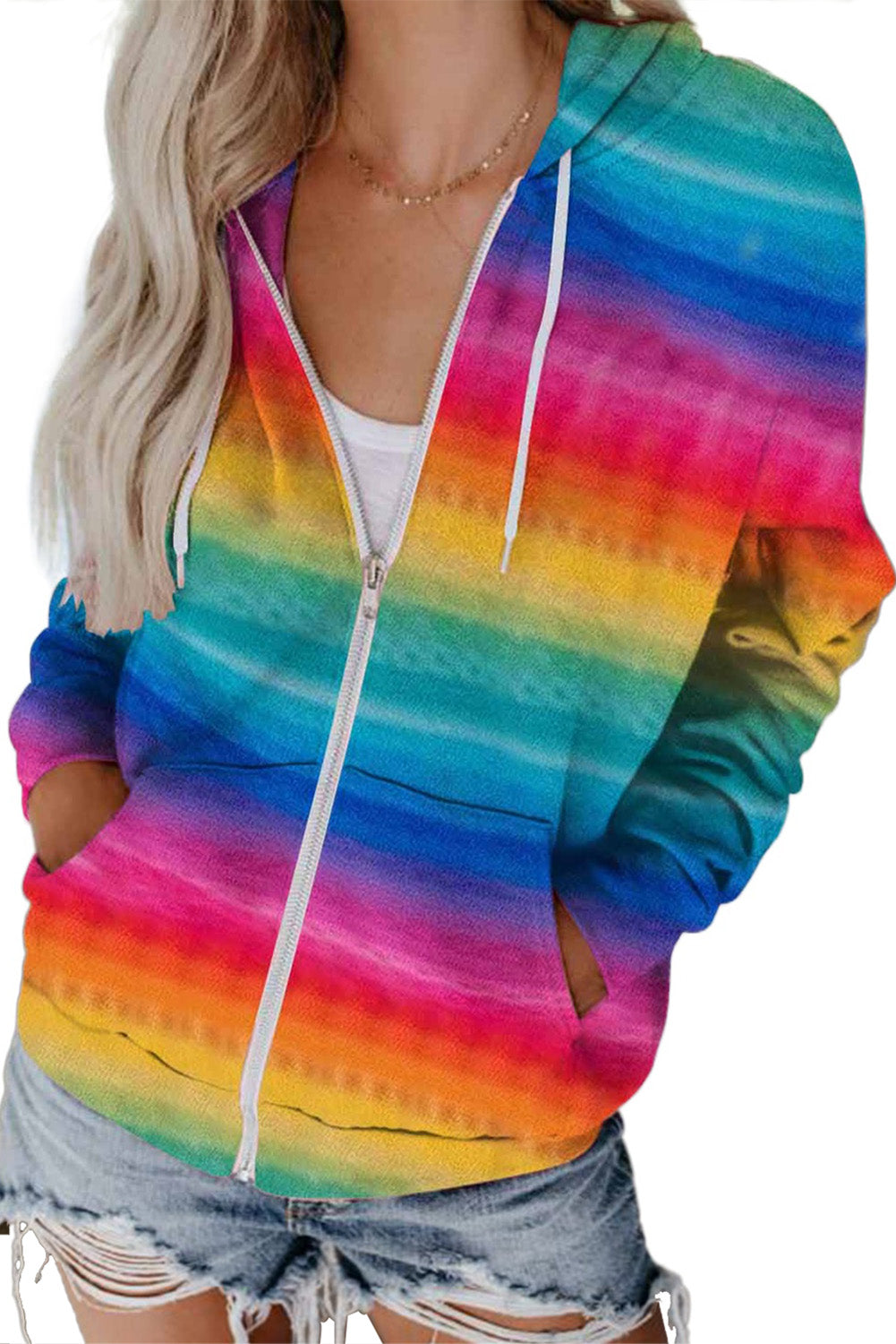 Multicolor Tie-Dyed Zipper Pocket Drawstring Hooded Jacket