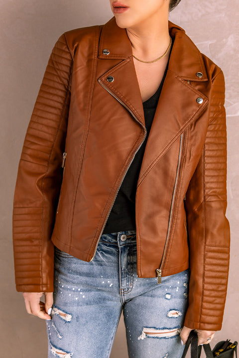 Ribbed Seam Detail Faux Leather Zipped Motorcycle Jacket