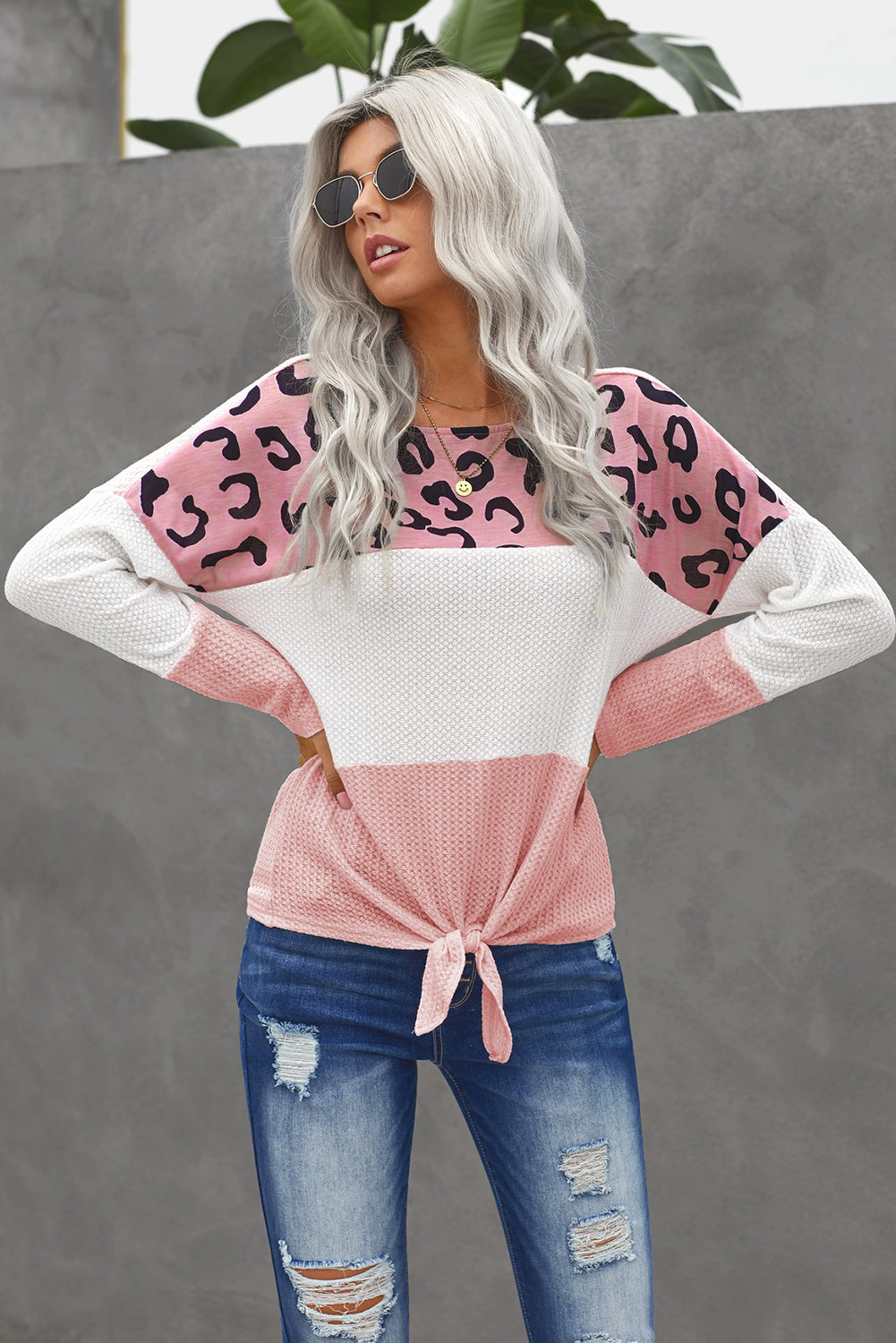 Color Block Leopard Tie Top