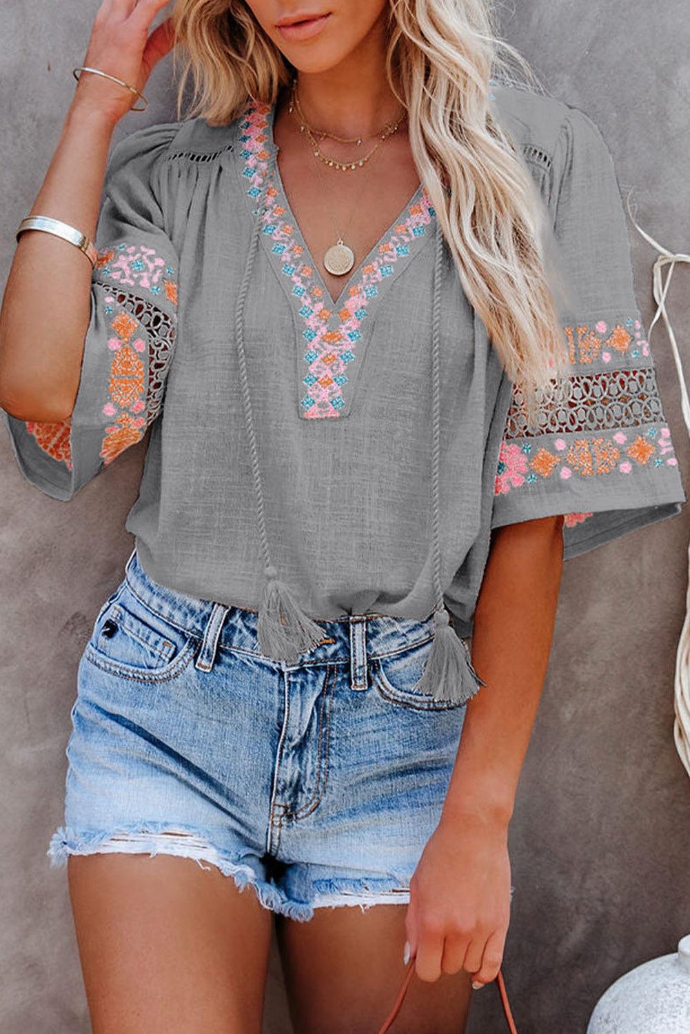 Beige Tassel Drawstring Embroidered Half Sleeve V Neck Top - HannaBanna Clothing