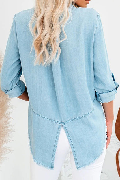 Chemise en jean à manches longues et ourlet effiloché 