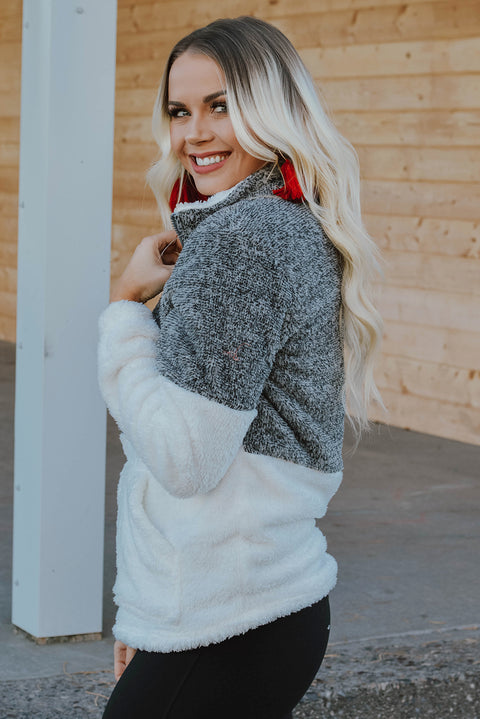 Charcoal White Zip Neck Oversize Fluffy Fleece Pullover