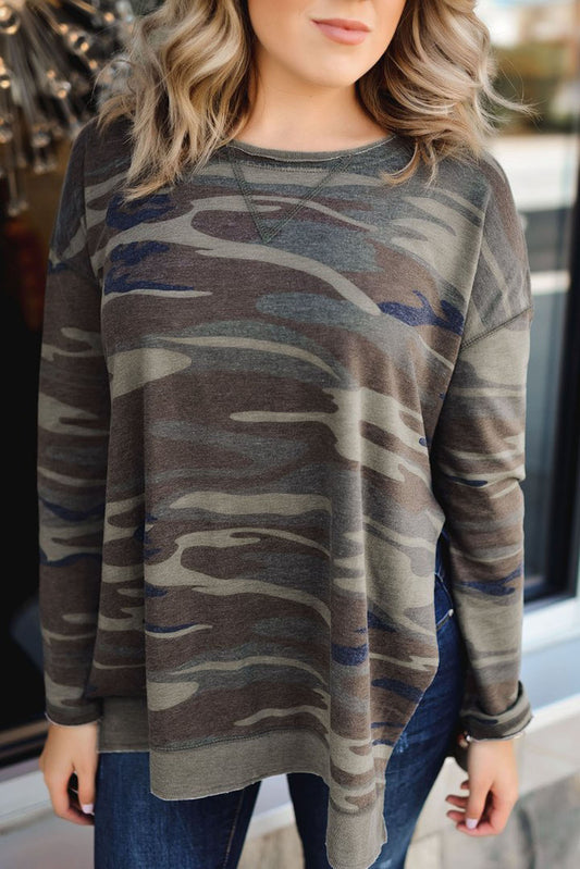 Oversize Camo Print Side Slits Hi-lo Hemline Sweatshirt