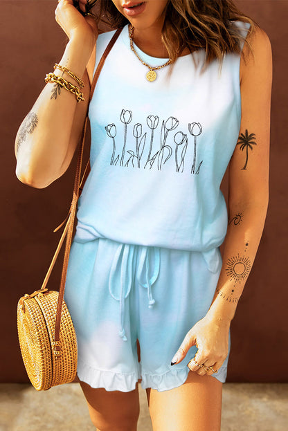 Débardeur bleu clair et short à volants 