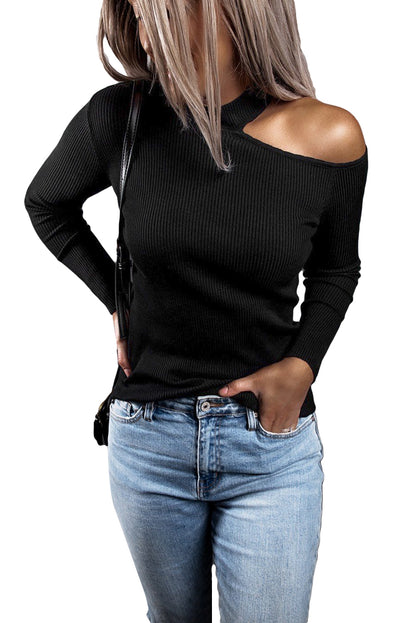 Cold Shoulder Solid Color Ribbed Texture Long Sleeve Top