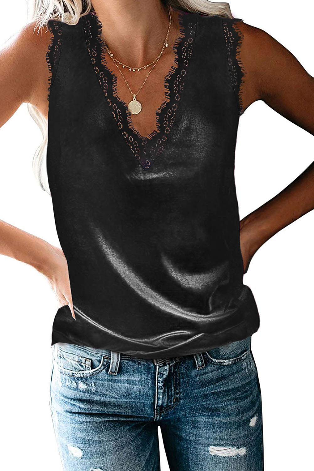 Camiseta sin mangas con cuello en V y encaje con pestañas elegantes