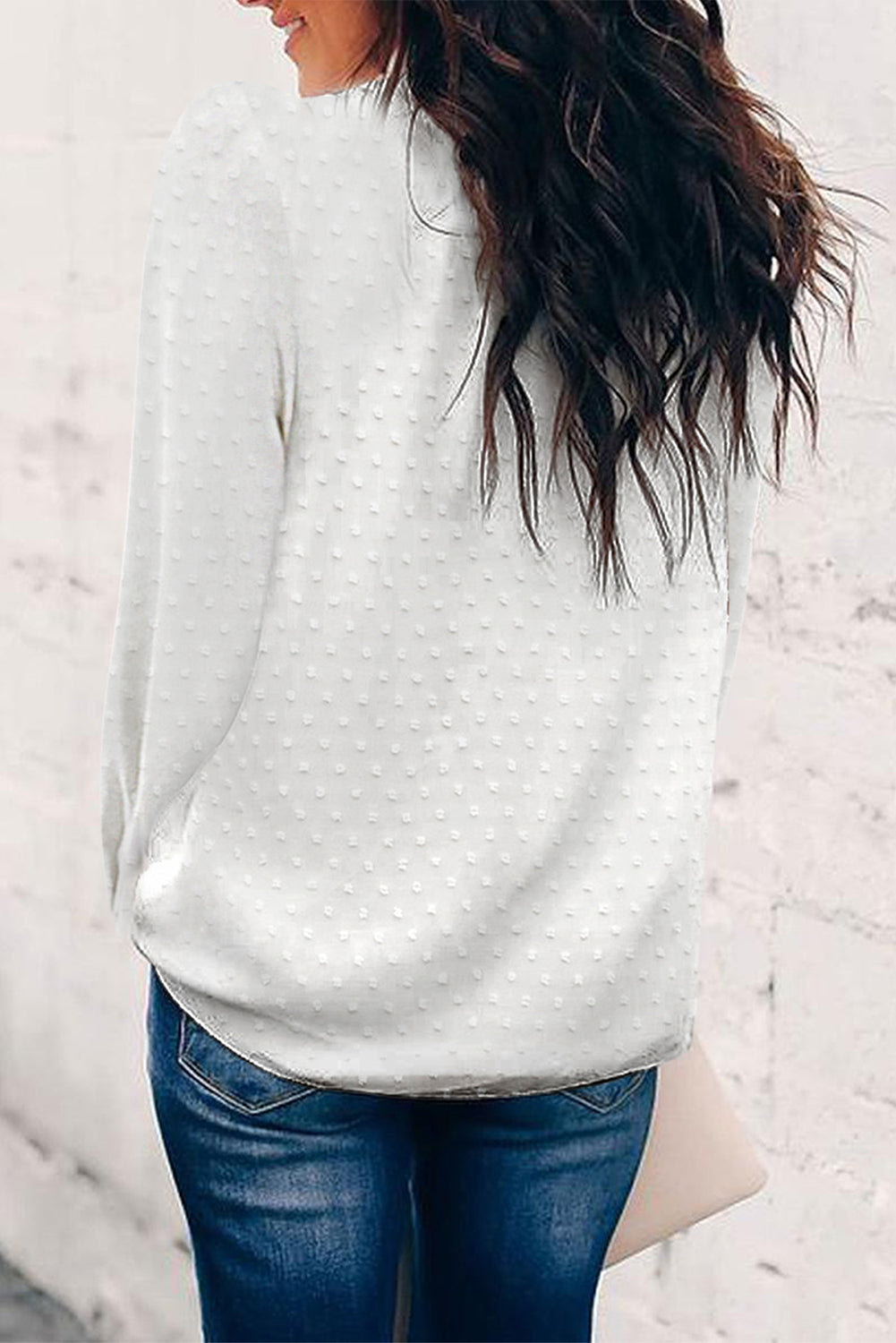 Ruffled Crewneck Swiss Dot Bubble Sleeve Blouse