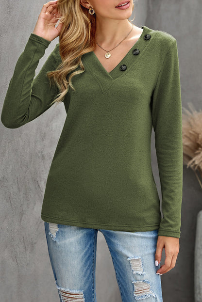 V-neck Button Solid Color Long Sleeve Top