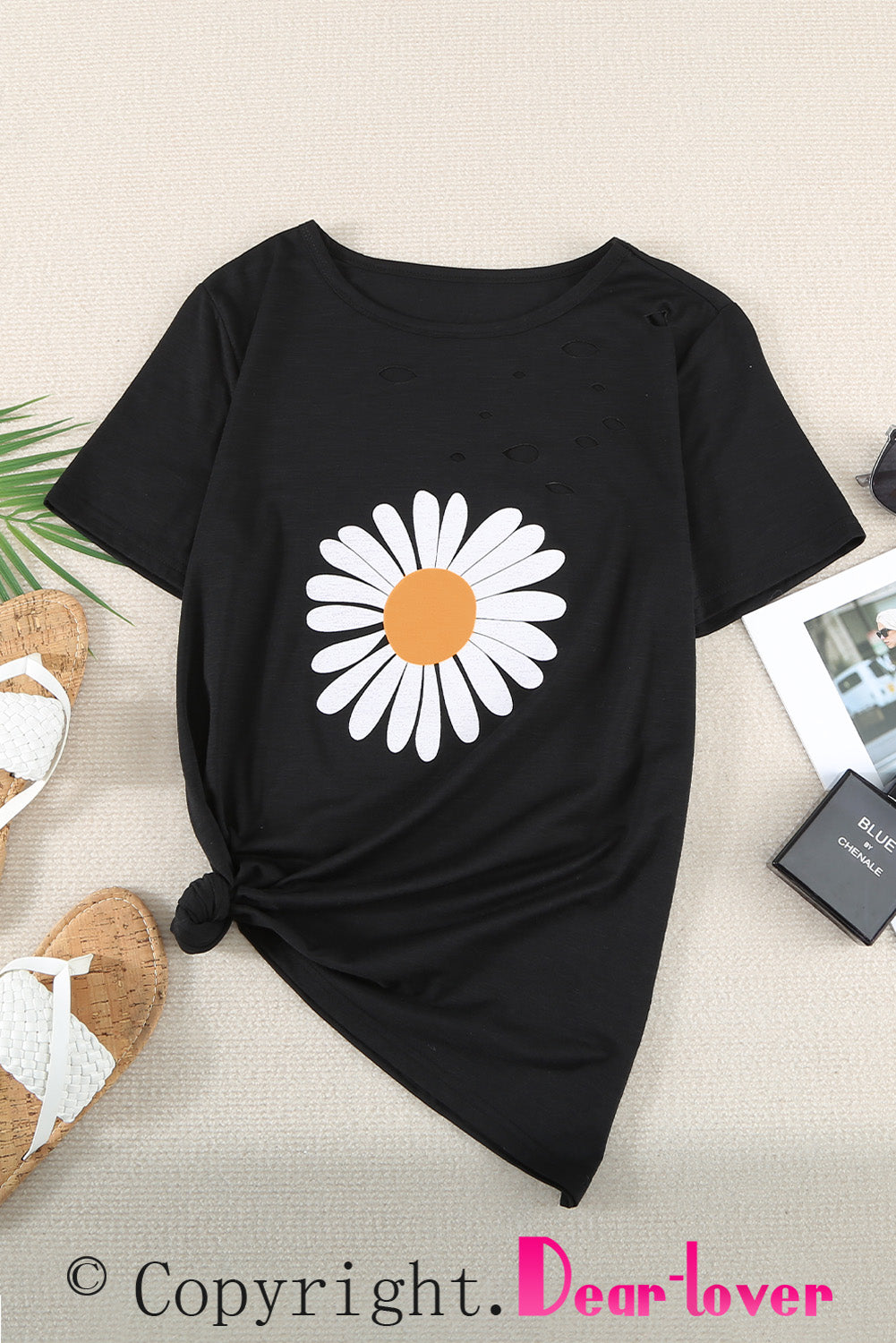 Distressed Crew Neck Leaves Pattern T-shirt