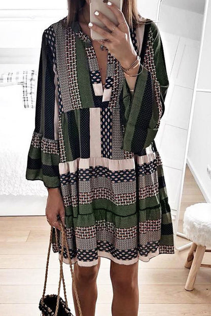 Print V neck Ruffle Swing Mini Dress