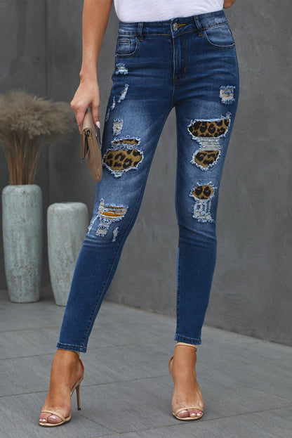Patches Of Leopard Denim Distressed Jeans