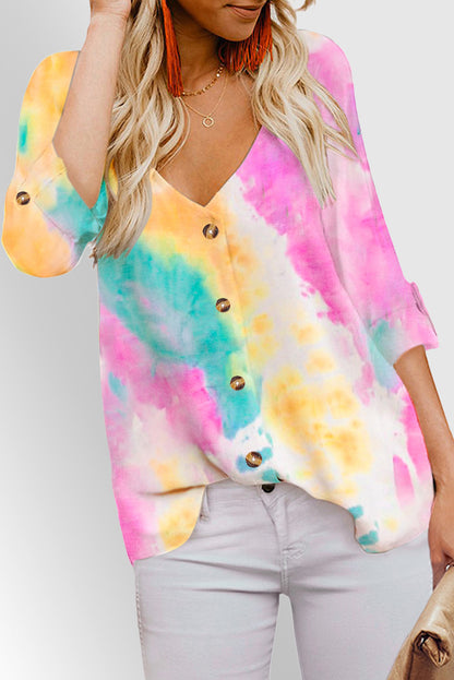 Chemisier tie-dye à manches longues et col en V avec fermeture à boutons 