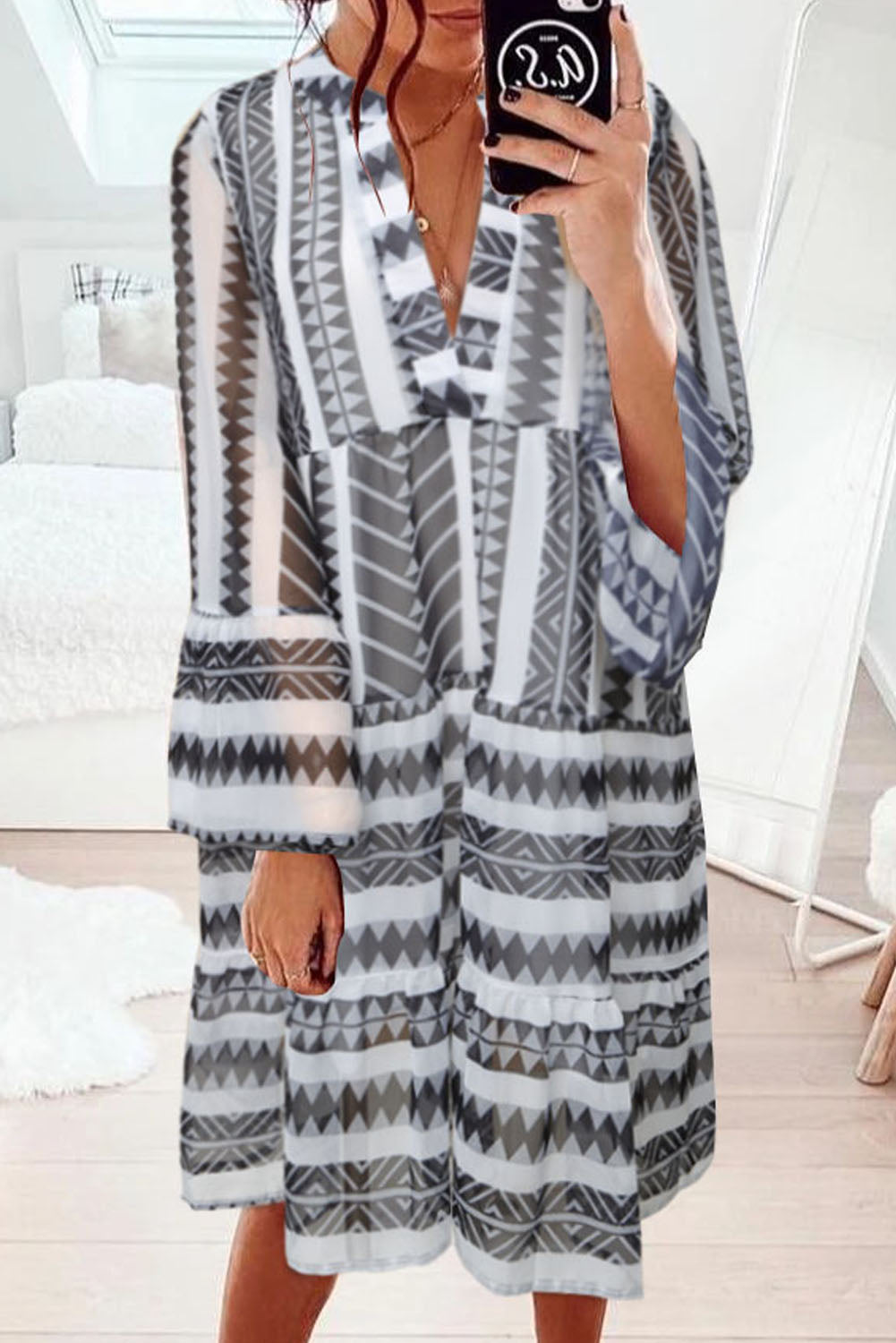 Print V neck Ruffle Swing Mini Dress