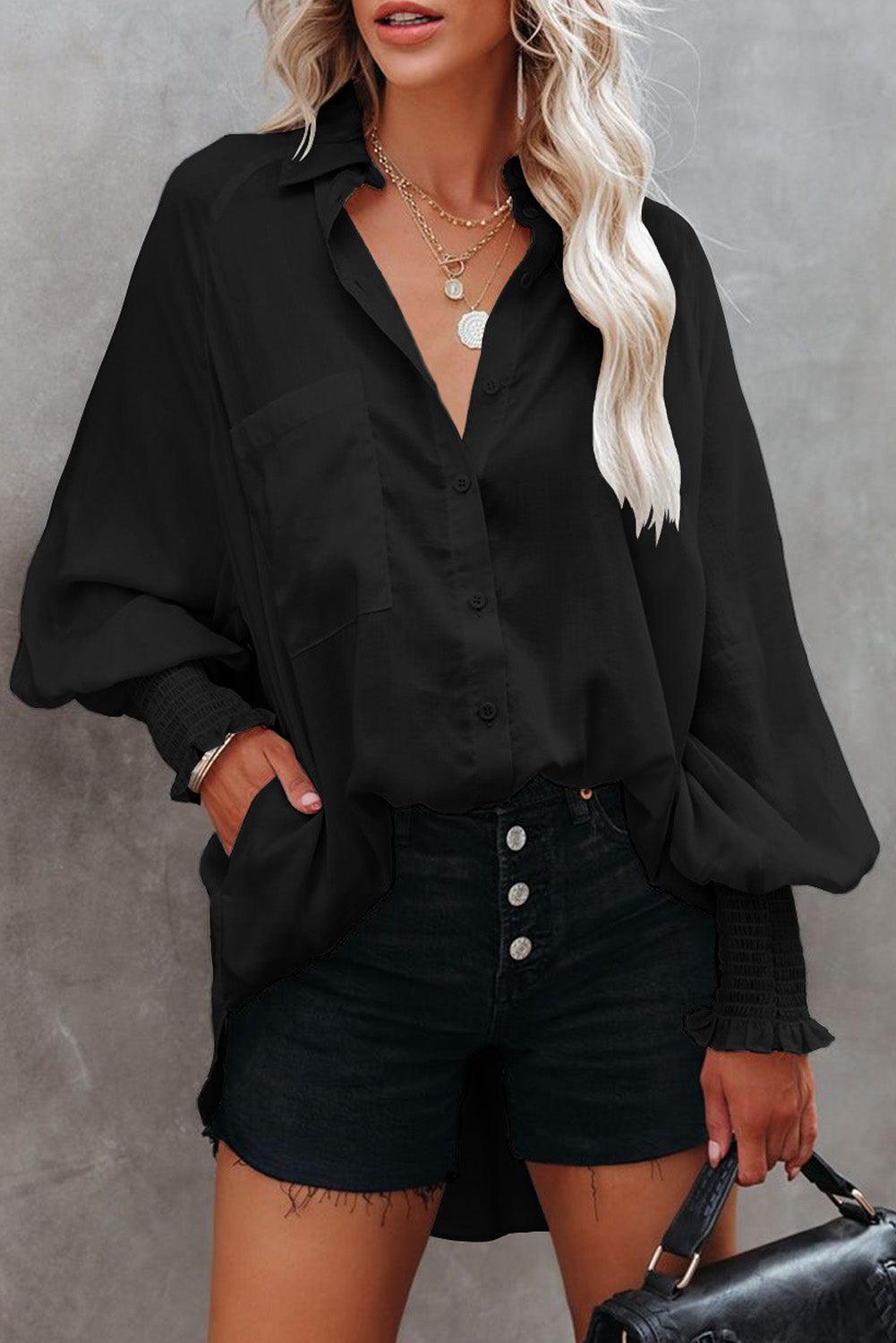 Billowy Sleeves Pocketed Shirt - HannaBanna Clothing