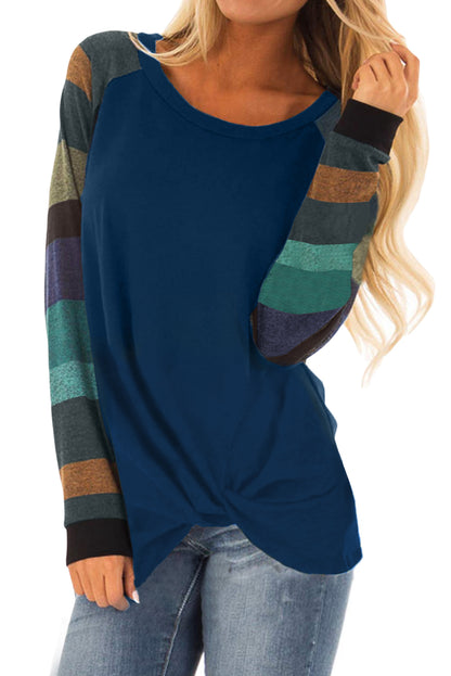 Color Block Striped Twisted Knot Long Sleeve Top