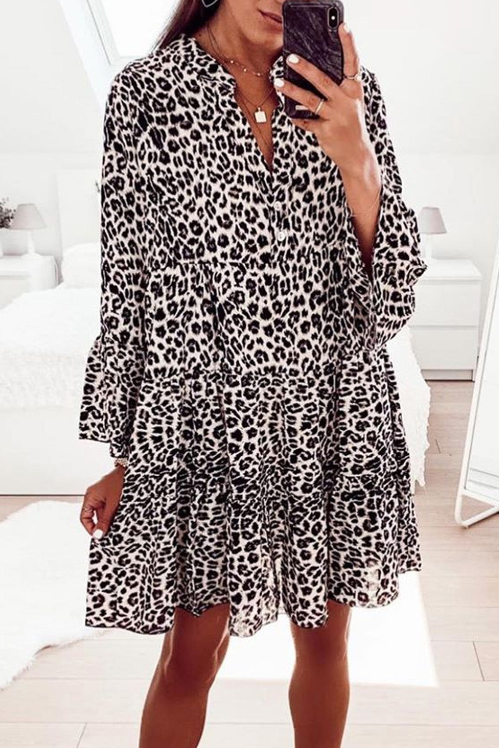 Print V neck Ruffle Swing Mini Dress