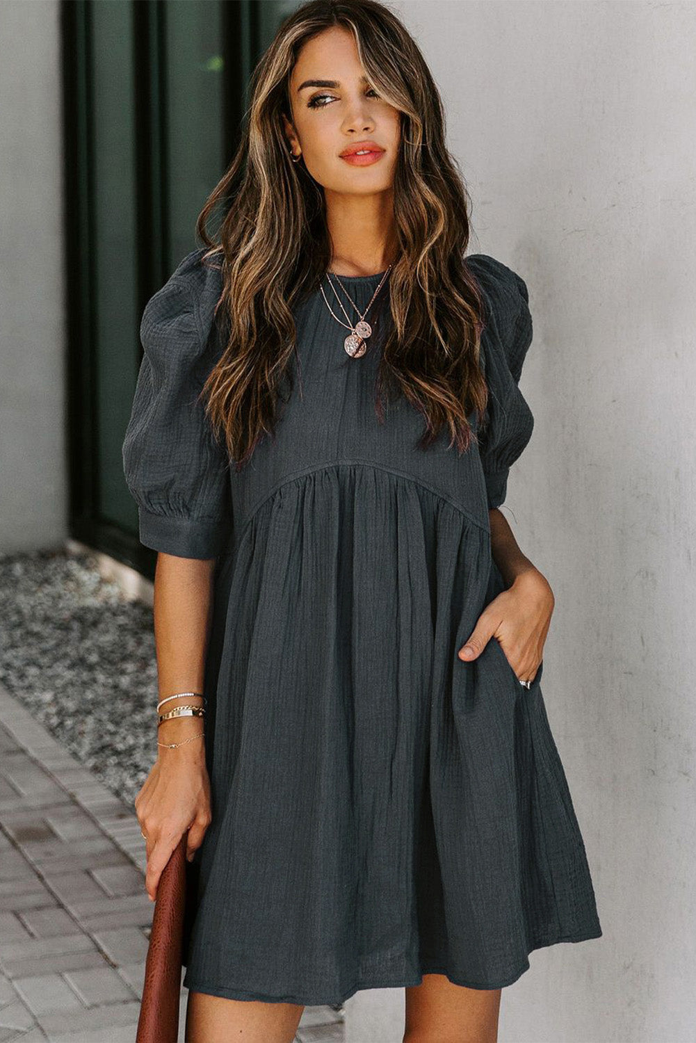 Pocketed Puff Sleeve Empire Waist Swing Short Dress