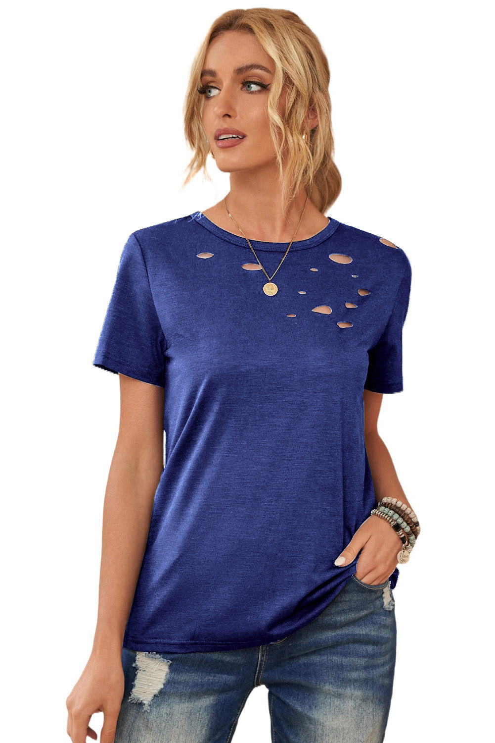 Camiseta mixta de algodón con cuello redondo y agujeros