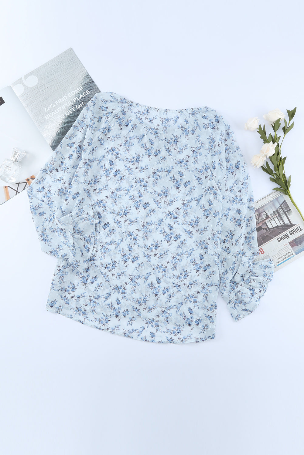 Floral Print Drawstring Long Bell Sleeve Blouse