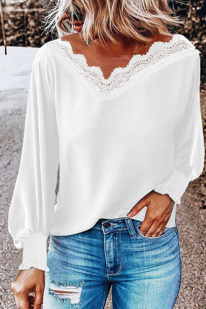 V Neck Lace Patchwork Red Blouse