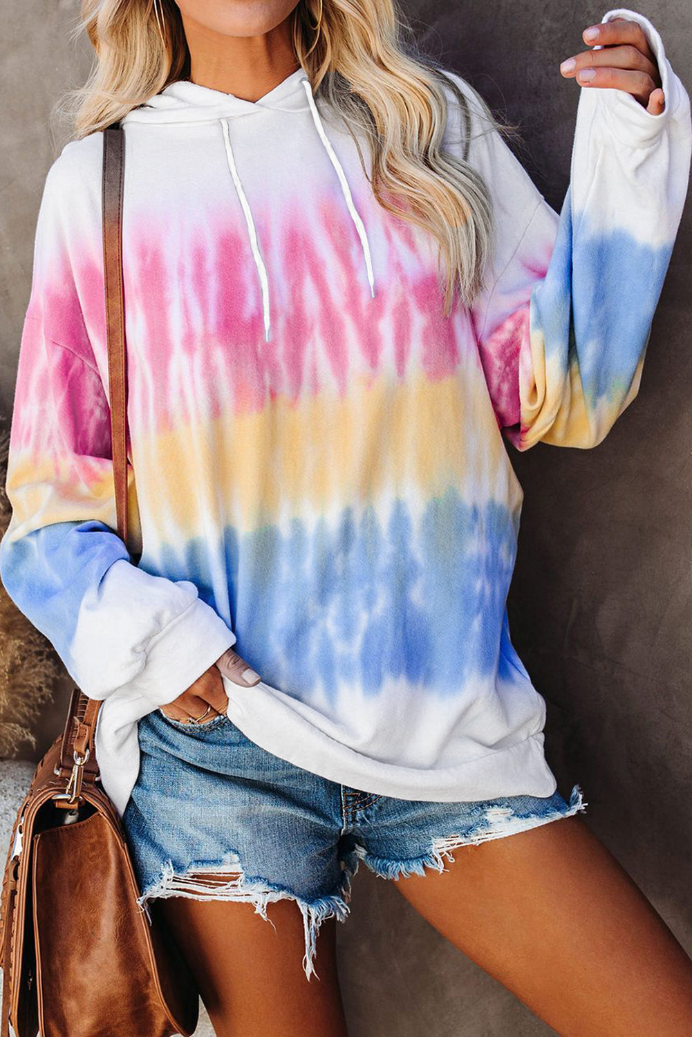 Multicolor Colorblock Tie-dye Drawstring Pullover Hoodie
